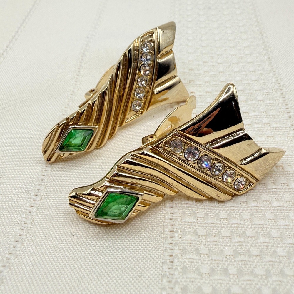 Vintage Green and Clear Rhinestone Geometric Gold Tone Clip-On Earrings
